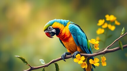Fototapeta premium Creative light art, tight close-up shot, detailed focus, artistic lighting, abstract patterns, parrot with bright blue, green, yellow, and red plumage, brown branch with leaves, blurred green and brow