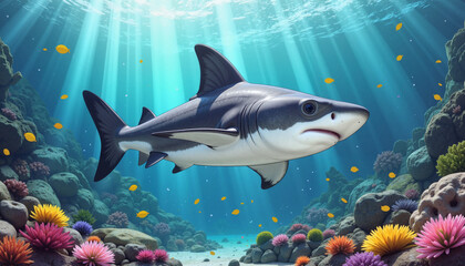 Obraz premium Majestic hammerhead shark swimming in vibrant coral reef, ocean life