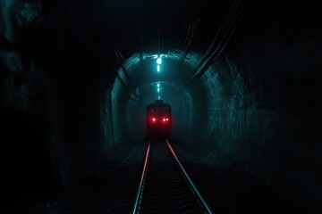 Train approaches in a dimly lit underground tunnel with vibrant blue and red lights