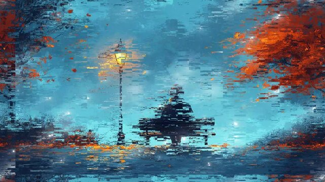 A lone figure sits on a bench amidst glowing autumn leaves. glitch stream overlay seamless loop Vtuber streamer asset twitch zoom OBS screen animated wallpaper virtual background