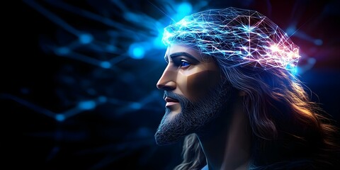 A stylized portrait of a figure resembling Jesus with a network of light and neural connections emanating from the head. Concept Stylized Jesus Portrait, Neural Connections, Light Emanation