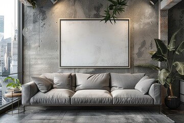 Modern living room interior with comfortable couch, city view with daylight and blank mockup place on concrete wall.