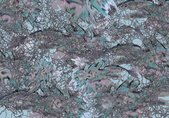 Camouflage backdrop with floral elements for textiles or prints. Chaotic floral motifs for fashion trends, business concepts, covers, scrapbooking, interiors, tiles, fabrics, posters, etc. Vector