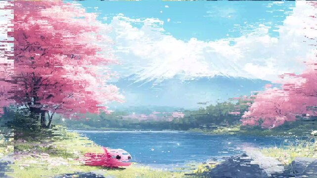 Cute chibi axolotl enjoys a peaceful moment surrounded by blooming cherry trees. glitch stream overlay seamless loop Vtuber streamer asset twitch zoom OBS screen animated wallpaper virtual background
