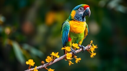 Creative light art, tight close-up shot, detailed focus, artistic lighting, abstract patterns, parrot with bright blue, green, yellow, and red plumage, brown branch with leaves, blurred green and brow