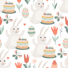 Seamless pattern with cute  bunnies with easter cakes, eggs and flowers on white background. Vector illustration in hand drawn flat style, pastel colors for wrapping paper, festive textile