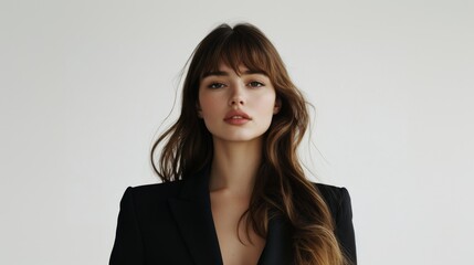Fototapeta premium A elegant young brunette woman with bangs and long hair, wearing a black business suit, embodying modern professionalism