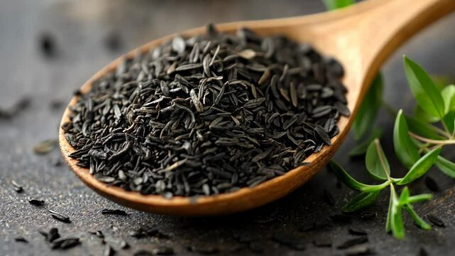 Black cumin seeds displayed on a wooden spoon with green herbs in an earthy setting