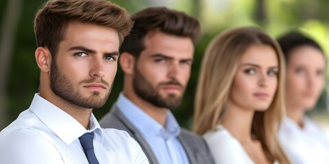 Fototapeta premium A group of four people in professional attire, with a focus on the two men in the foreground and two women in the background. Concept Professional Team Collaboration, Business Attire