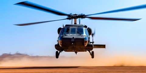 A military helicopter is taking off, kicking up dust and showcasing its rotor blades against a clear blue sky. Concept Military Helicopter Takeoff, Rotor Blades in Action, Kicking Up Dust
