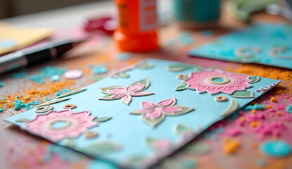 Close up of crafter creating Valentine's greeting cards, decorating with embossed floral details, using vibrant embossing powder and adhesive for personalized heartfelt design