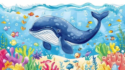 Fototapeta premium A colorful underwater scene featuring a whale surrounded by vibrant fish and coral.