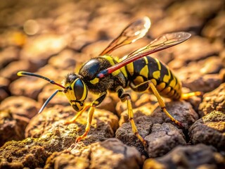 Macro Photography: Lone Wasp on Cracked Earth, Sunlight Glistening