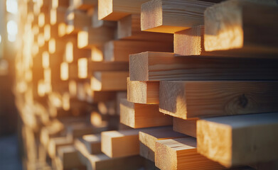 Wooden planks stacked in a workshop, illuminated by golden sunlight streaming through large industrial windows.