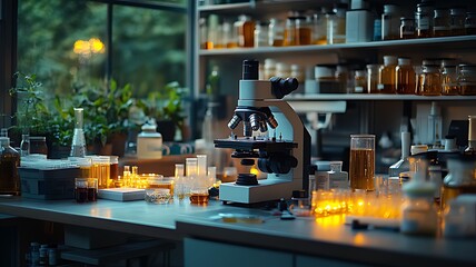A lab bench with a microscope on it and many bottles and vials on it. Scene is scientific and focused