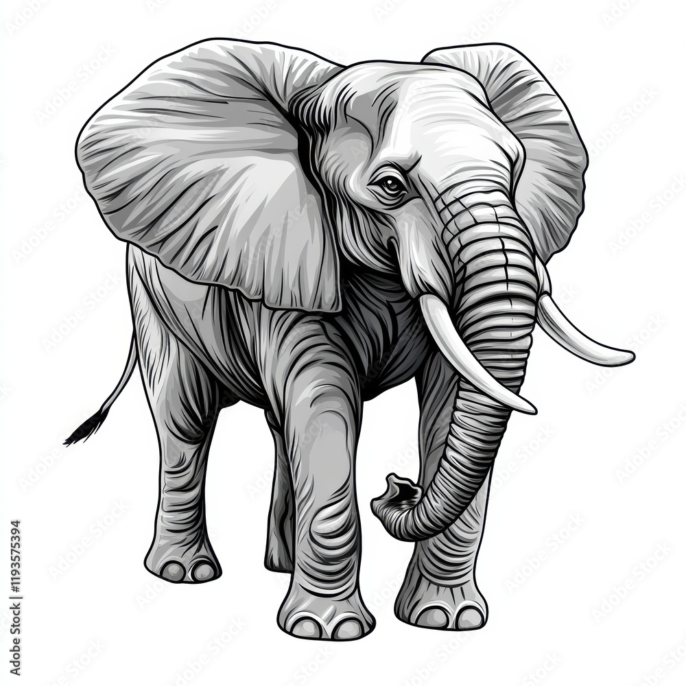 Poster Illustration of an elephant standing gracefully with large ears and tusks in a simple and elegant design against a white background. Generative AI
