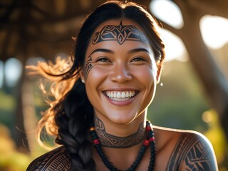 Māori smiling woman representing heritage, warmth, pride, cultural connection.

