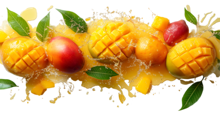 Juicy Mango Slices Splashing Fresh Tropical Fruit Summer Delight Vibrant Yellow Orange Colors Healthy Food Photography, isolated on transparent background.  