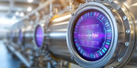 A series of metallic cylindrical vessels with illuminated circular displays, likely related to technology or industrial processes. Concept Metallic Cylinders, Illuminated Displays