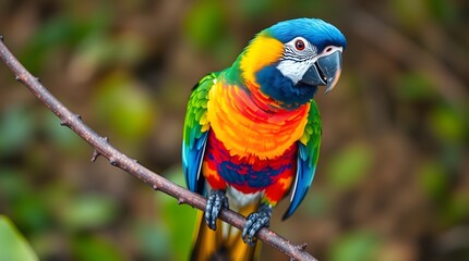 Fototapeta premium A cinematic image of a parrot with bright plumage on a branch in a soft-focus, hazy forest setting, displaying cool blues, greens, and purples. The parrot's head is turned right