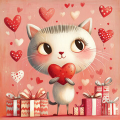 Obraz premium Feline Valentine: A charming white kitty with big, bright eyes holds a heart, surrounded by a shower of floating hearts and colorful gifts, evoking a whimsical and affectionate Valentine's Day spirit.
