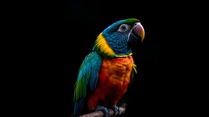 A cinematic image of a parrot with bright plumage on a branch in a soft-focus, hazy forest setting, displaying cool blues, greens, and purples. The parrot's head is turned right