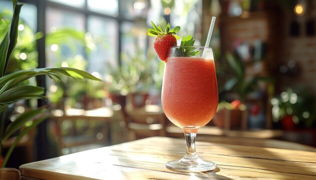 Wooden table featuring a glass of strawberry smoothie or milkshake, ideal for a summer day.