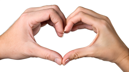 Two human hands forming the shape of a heart against a plain black background. The hands are well-groomed, with fingers gracefully curved to create a symmetrical heart outline. The skin has a natural 
