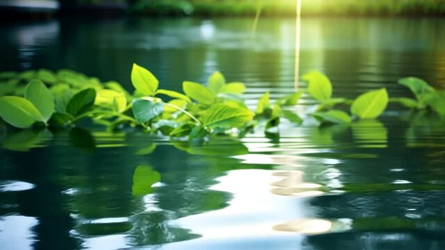 Sunlight Filtering Through Leaves: A serene image of a still pond with vibrant green leaves floating on its surface, capturing the sunlight filtering through the leaves.