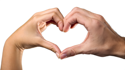 Two human hands forming the shape of a heart against a plain black background. The hands are well-groomed, with fingers gracefully curved to create a symmetrical heart outline. The skin has a natural 