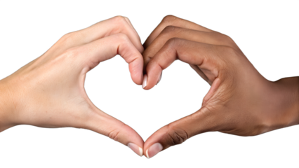 Two human hands forming the shape of a heart against a plain black background. The hands are well-groomed, with fingers gracefully curved to create a symmetrical heart outline. The skin has a natural 