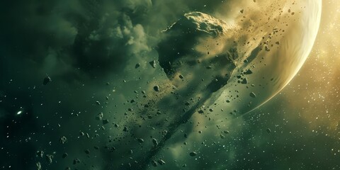 Fototapeta premium A cosmic scene featuring a planet amidst asteroids and swirling clouds of space.