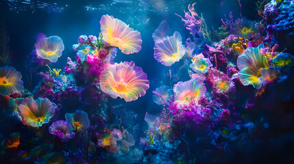 Obraz premium An Enchanting Underwater Experience: Bioluminescent Coral Patterns Throbbing with Life and Color