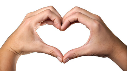 Two human hands forming the shape of a heart against a plain black background. The hands are well-groomed, with fingers gracefully curved to create a symmetrical heart outline. The skin has a natural 