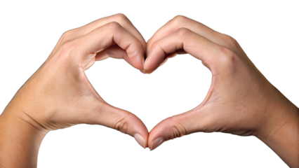Two human hands forming the shape of a heart against a plain black background. The hands are well-groomed, with fingers gracefully curved to create a symmetrical heart outline. The skin has a natural 