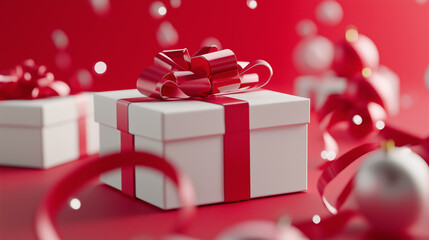 Obraz premium A row of neatly wrapped white gift boxes with red bows on a deep red background, evoking festive and celebratory vibes. 