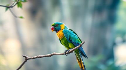 Obraz premium A high-angle perspective reveals a parrot with bright, vibrant plumage perched on a branch, emphasizing the parrot's lively and energetic presence