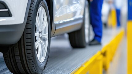 Close-up of a car on a ramp in a service station, focusing on tires, during a professional maintenance check.