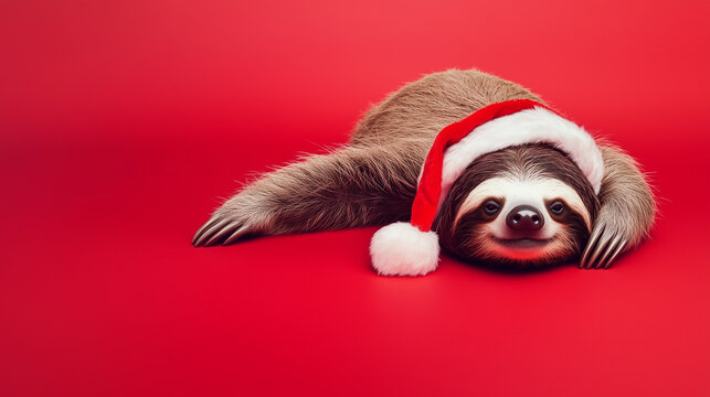 Sloth wearing a Santa hat, lying on solid red background, in a studio setting. Minimalism. Christmas animal banner