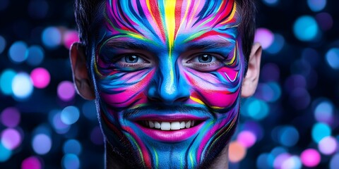 A man with vibrant, colorful face paint, featuring patterns in shades of blue, pink, and other bright colors against a blurred background. Concept Colorful Face Paint, Vibrant Patterns