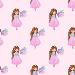 Seamless pattern cute princess girl, ballerina, fairy girl with balloons. Watercolor. Baby shower, happy birthday . Baby, newborn background, Textile, fabric, paper, clothes