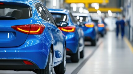 Row of blue cars on a modern automotive assembly line in a brightly lit manufacturing plant, ready for production.