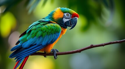 A parrot with bright blue, green, yellow, and red plumage perched on a branch. Warm autumn colors, intense dramatic lighting, high contrast, creates tension, earthy and cozy tones
