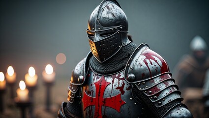 Naklejka premium Medieval Knight in Battle Armor with Bloodstains and Cross Emblem