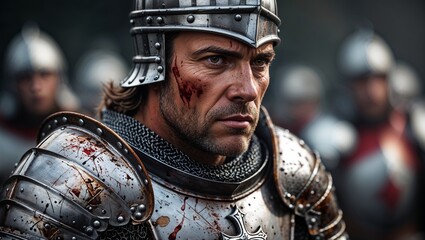 Naklejka premium Medieval Knight in Battle Armor with Bloodstains and Cross Emblem
