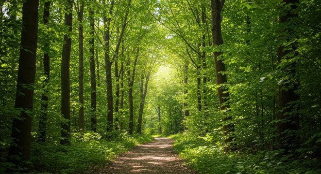 Path Through Lush Green Forest with Sunlight - Powered by Adobe