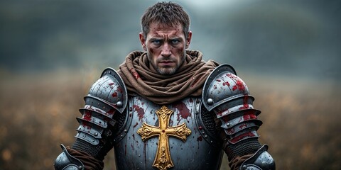Medieval Knight in Battle Armor with Bloodstains and Cross Emblem