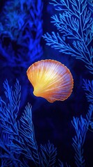 Glowing seashell floating in dark blue waters underwater scene oceanic environment tranquil viewpoint natural concept