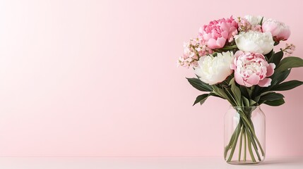 Naklejka premium Beautiful peonies arranged in a glass vase create a fresh and inviting atmosphere in a pastel-colored room