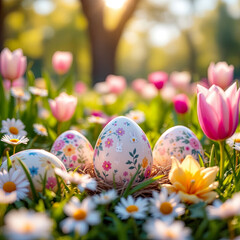 Colorful Easter Eggs Nestled Among Blooming Flowers in a Sunlit Garden During Springtime
